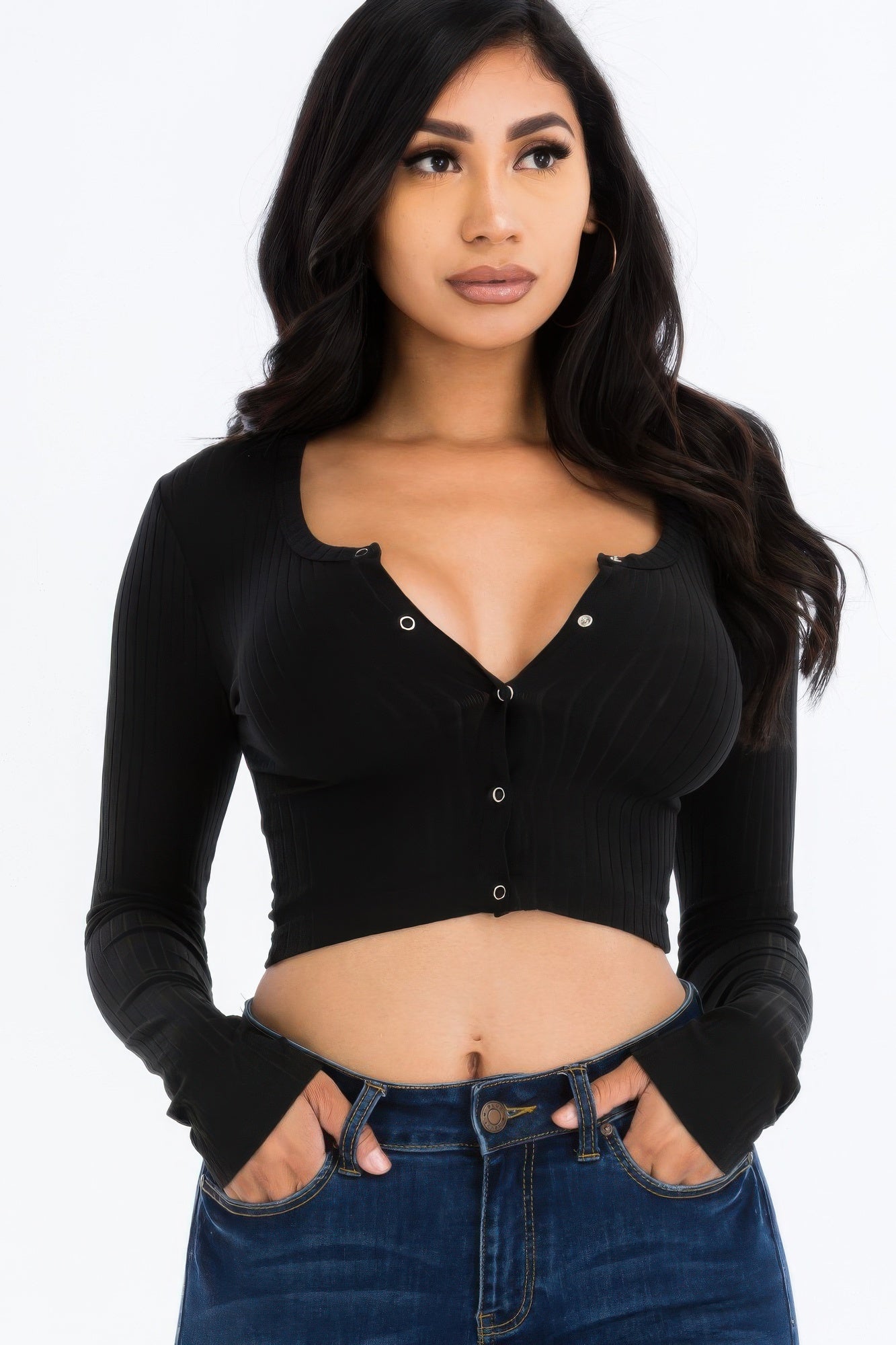 Ribbed Long Sleeve Snap Button Down Crop Top See size chart under “more details” The Fashion Celestial