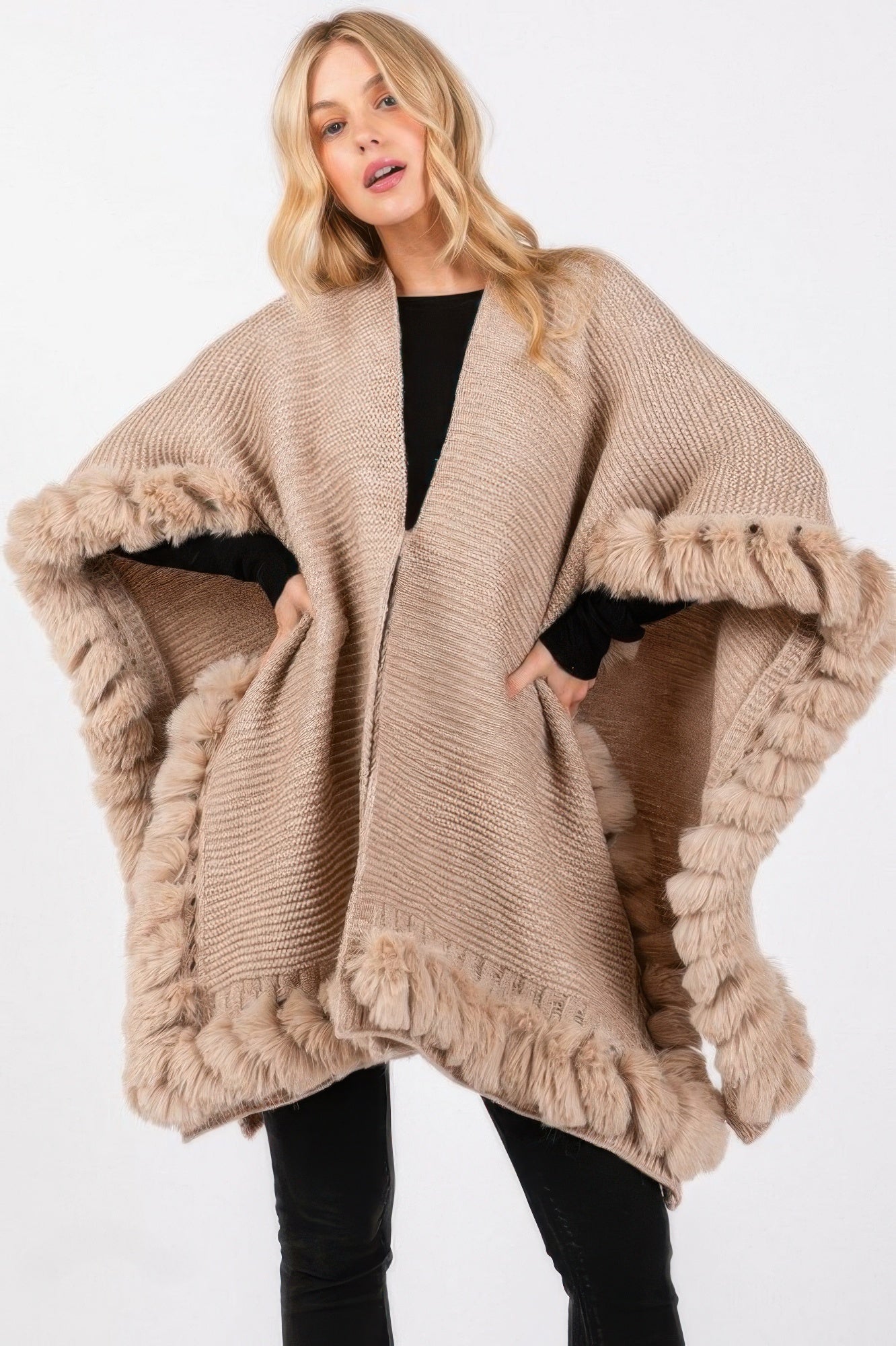Faux Fur Trim Cape With Closure See size chart under “more details” The Fashion Celestial