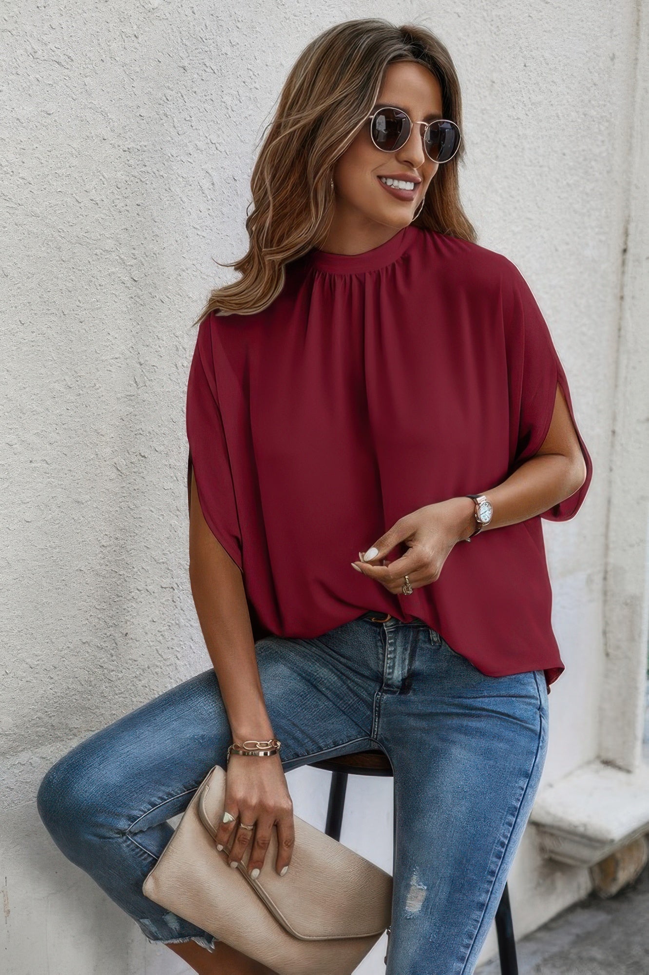 Mock Neck Batwing Sleeve Solid Loose Blouse See size chart under “more details” The Fashion Celestial