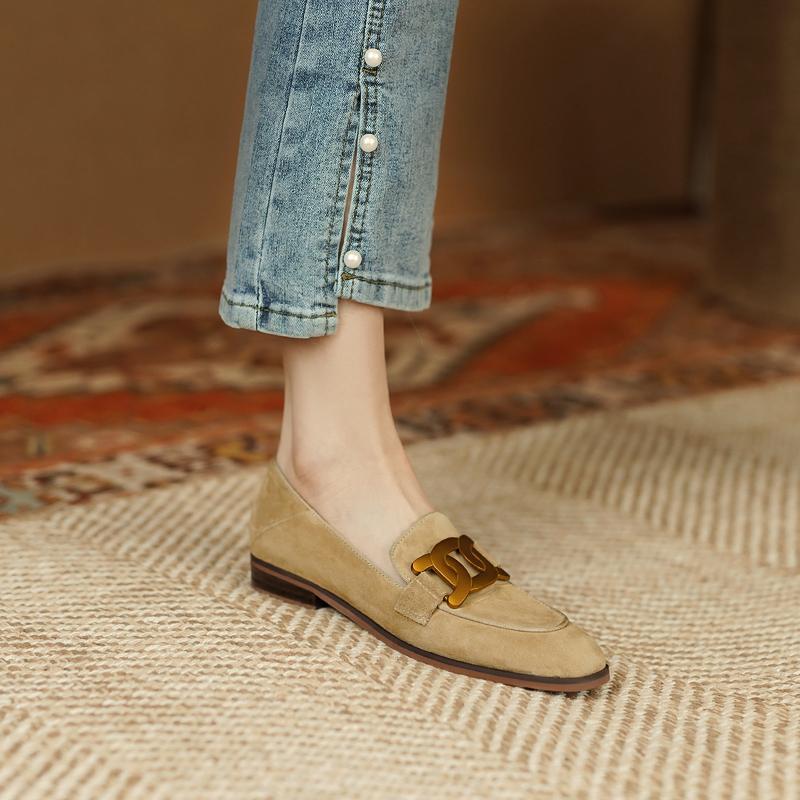 Women's Retro Metal Buckle Suede Loafers – Platform Chunky Heel Slip-On FitiqueFit