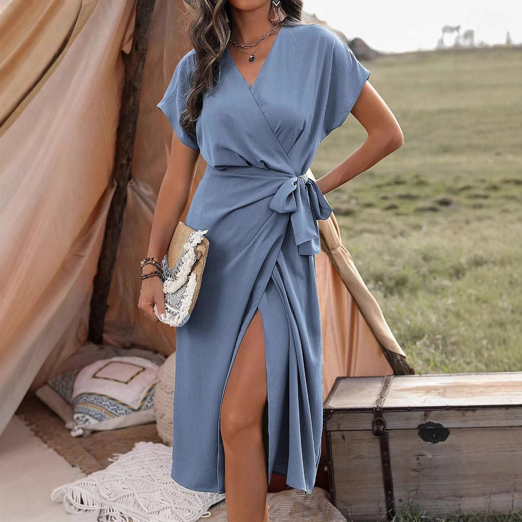 Commuting Fashion Forged Split Women's Solid Color Wrap Suspender Dress Grayceful LLC