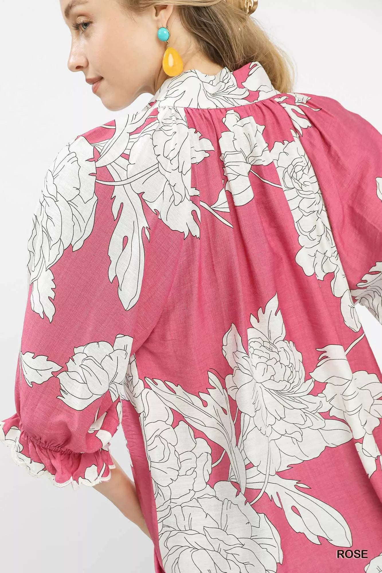 Umgee Peony Illustration Print Flounce Sleeve Blouse FitiqueFit