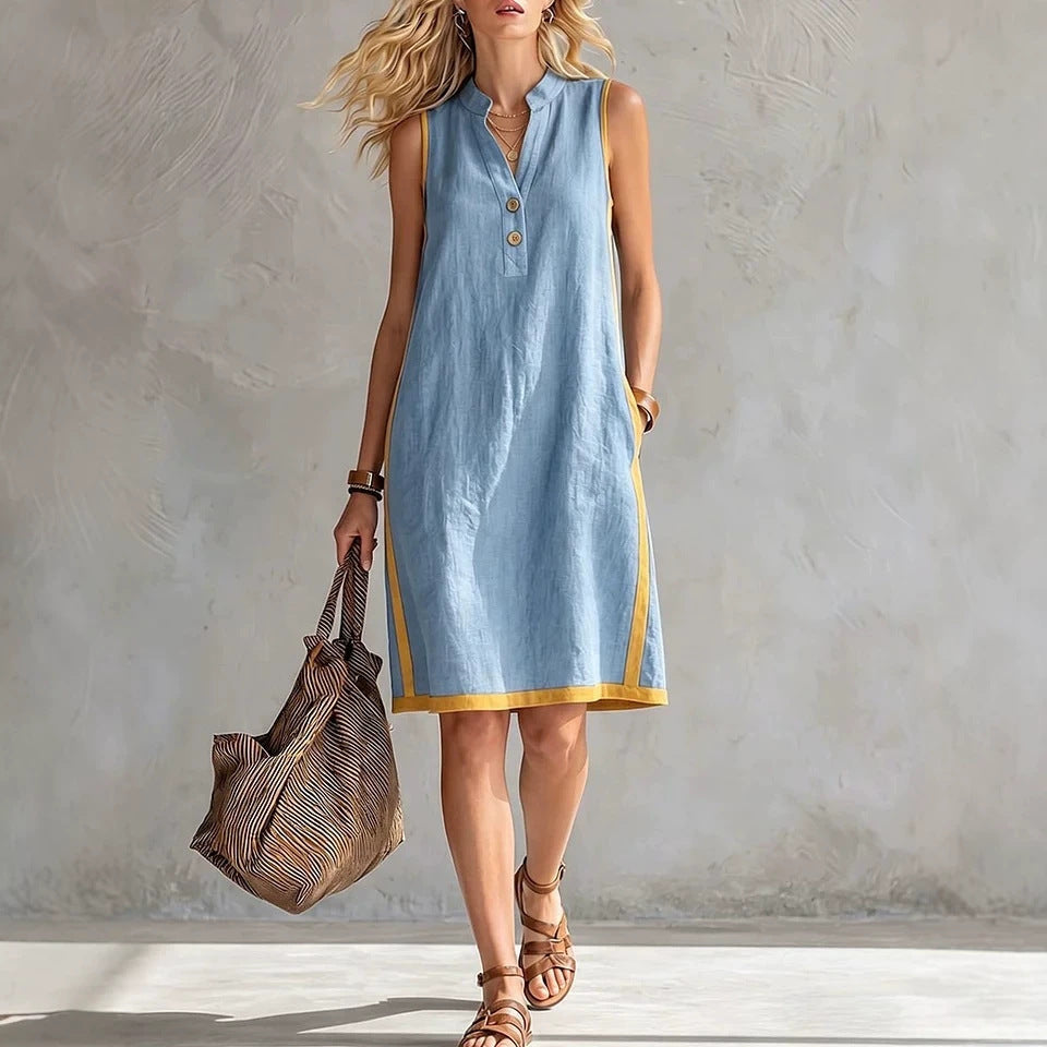 Women's Sleeveless V-Neck Button-Front Pocketed A-Line Midi Dress FitiqueFit