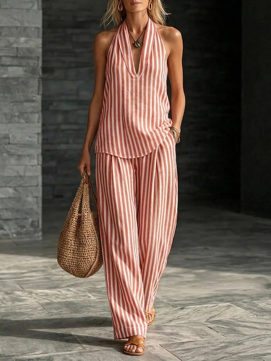 Women's Striped Sleeveless Top & Wide-Leg Pants Set – Fashionable 2-Piece FitiqueFit