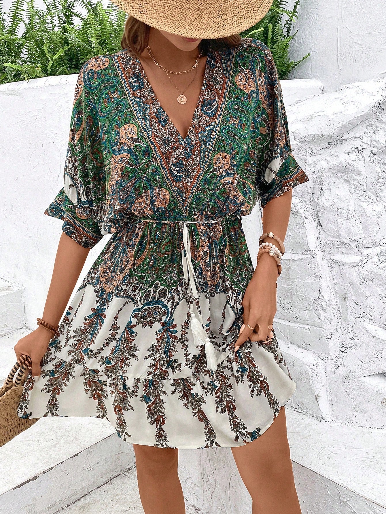 Paisley Print Batwing Sleeve Tassel Tie Front Ruffle Hem Dress FitiqueFit