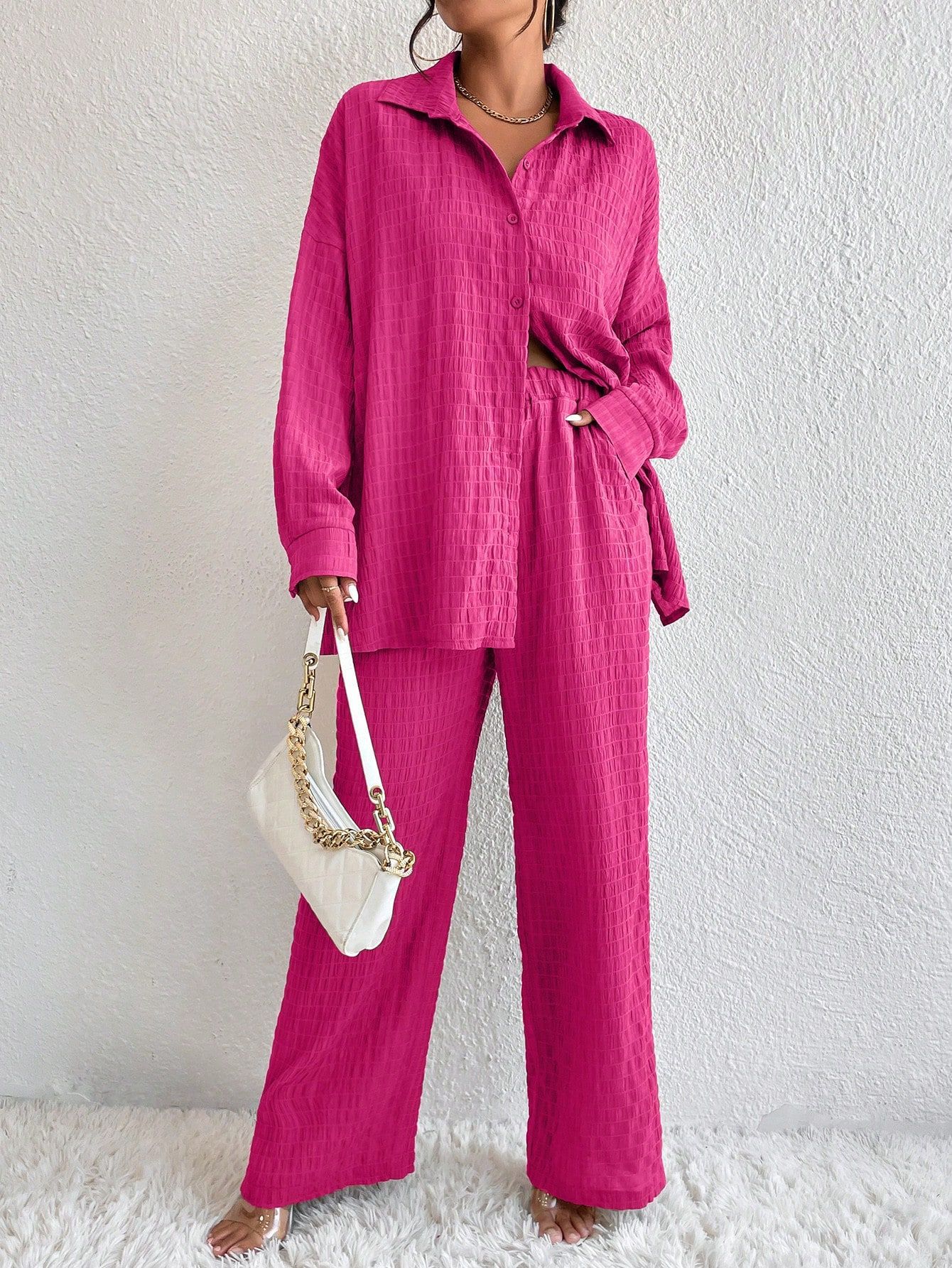 Women's Pleated Long Sleeve Lapel Two-Piece Set – Loose Top & Pants FitiqueFit