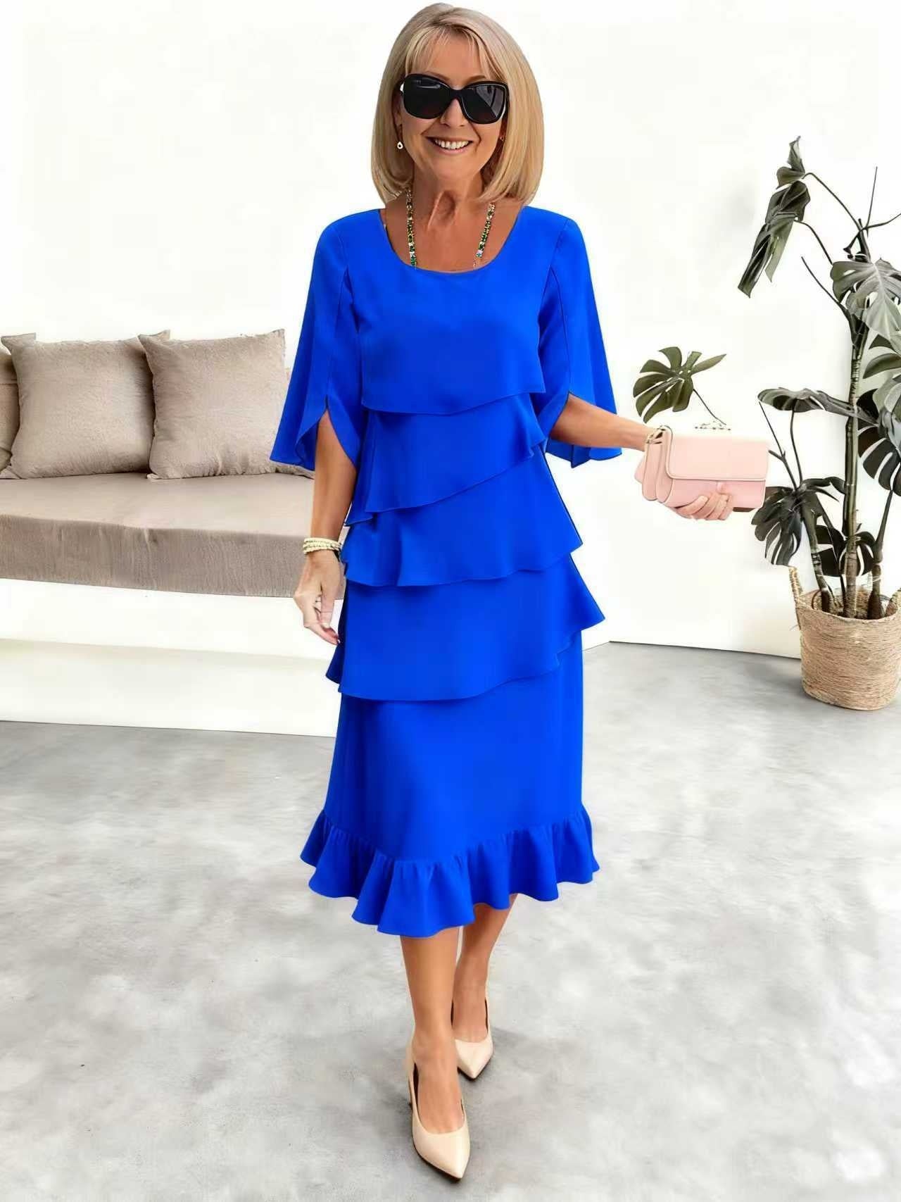 Patchwork Cake Midi Dress – Round Neck Short Sleeve Tiered Skirt FitiqueFit