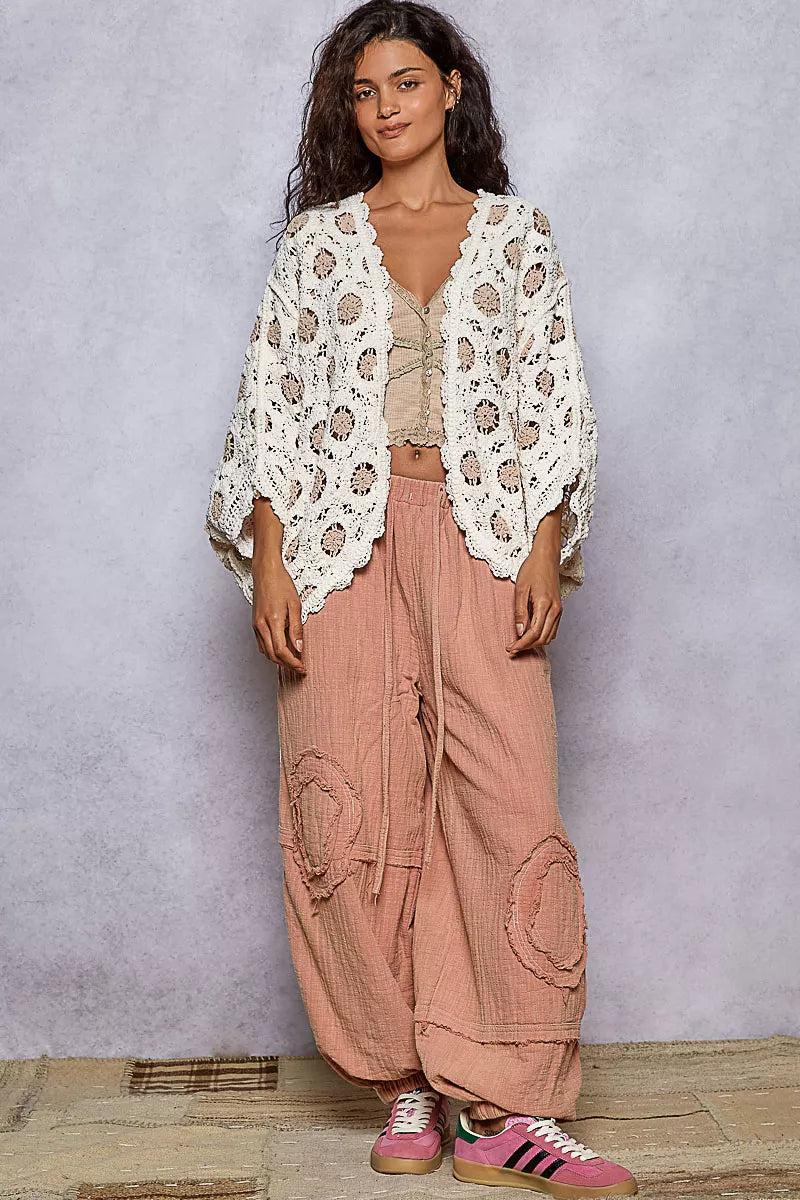 POL Openwork V-Neck Chenille Cardigan with Contrast Floral West2East Surf