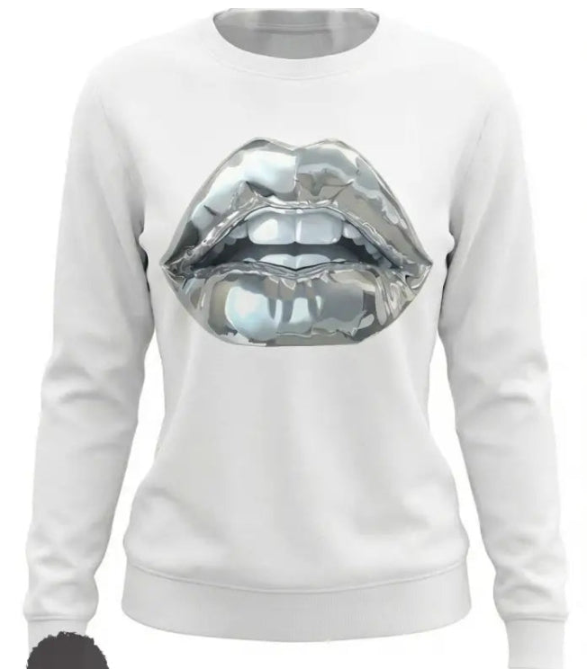 Womens Cartoon Silver Lip-Printed Sweatshirt See size chart under “more details” The Fashion Celestial