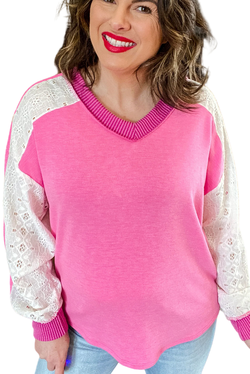 Bonbon Lace Patchwork Corded Trim Plus Size Long Sleeve Top Garden Naked Curves