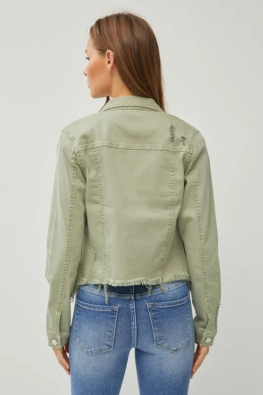 RISEN Full Size Raw Hem Button Up Cropped Denim Jacket Plus Size West2East Surf