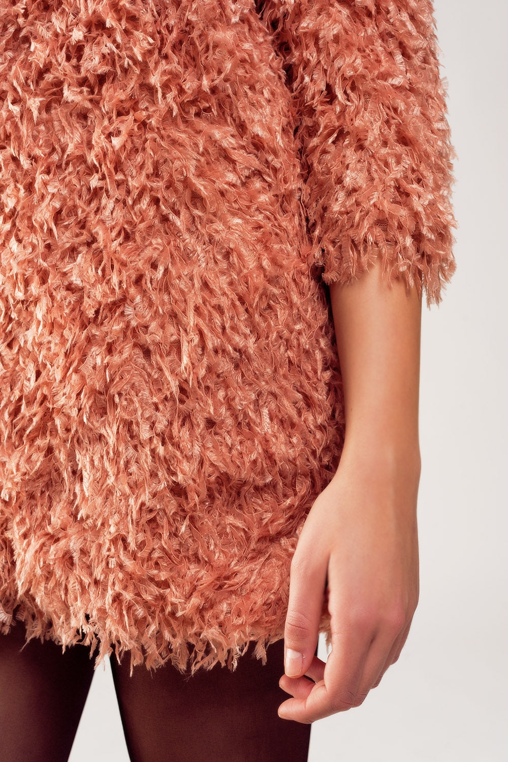 All over faux feather three quarter sleeve mini dress in pink Q2store