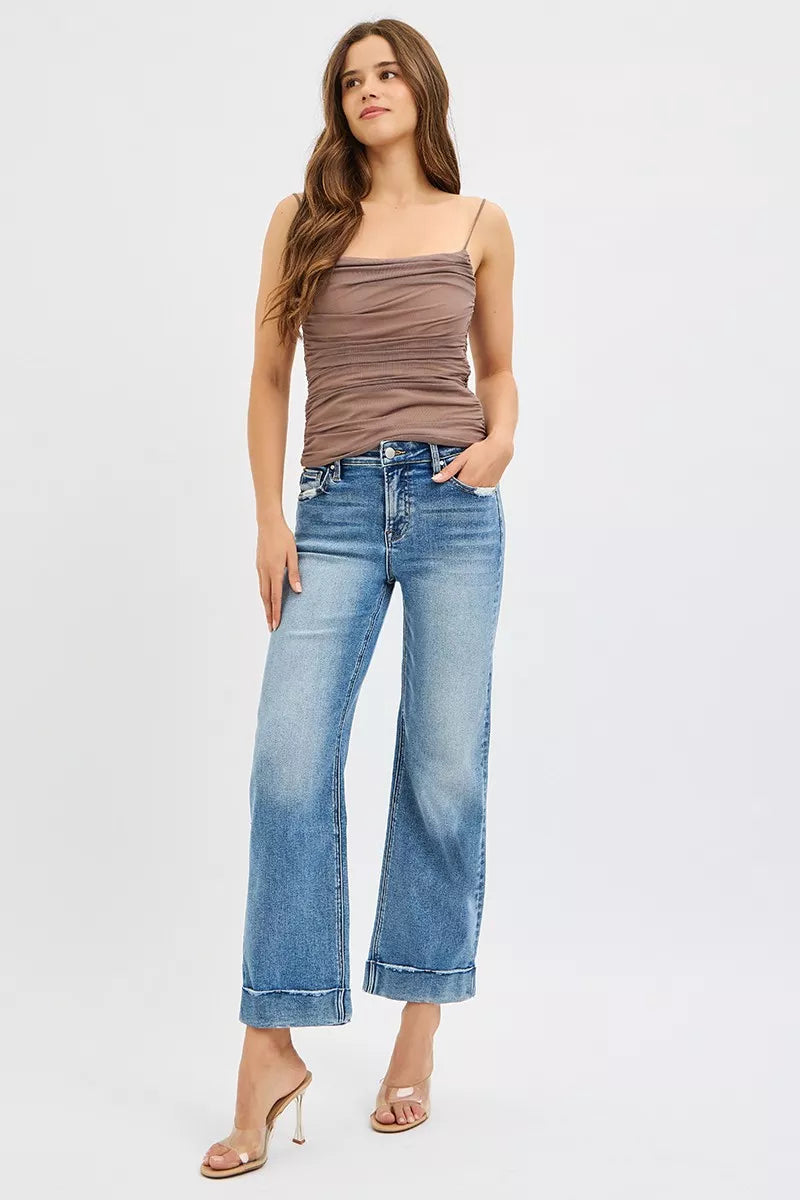 RISEN Full Size Mid Rise Crop Straight Jeans with Taylor Cuffed Plus Size West2East Surf