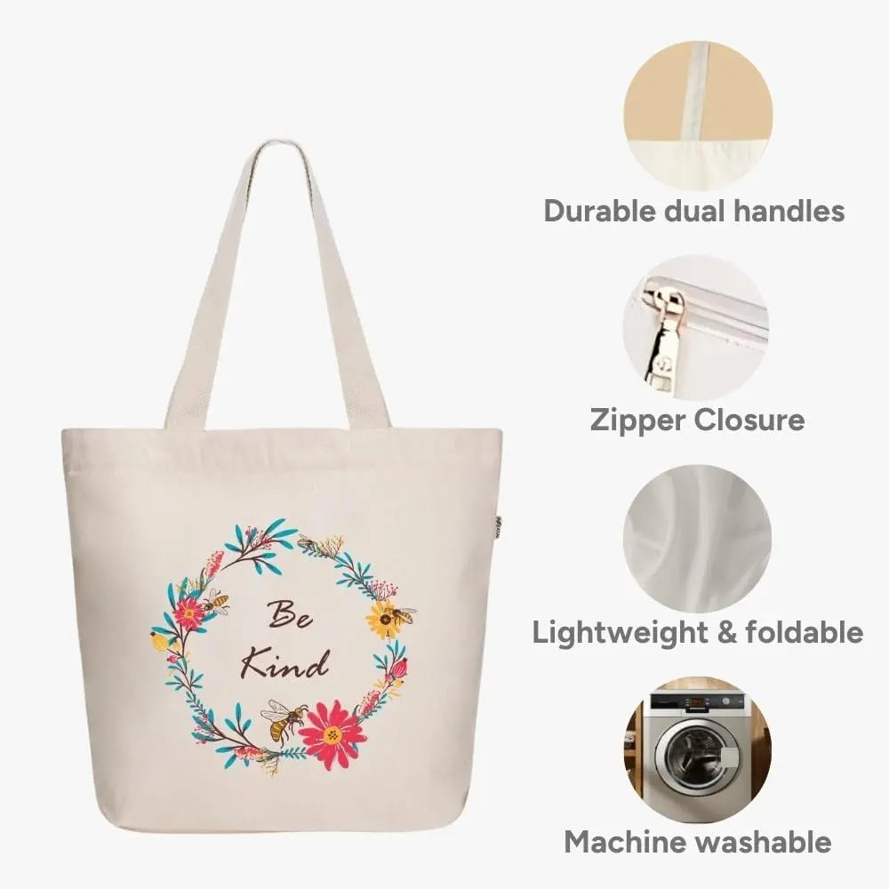 Ecoright Large Be Kind Canvas Tote Bag - Stylish Zipper Tote for Women Perfect for Yoga, Work, and Beach Outings