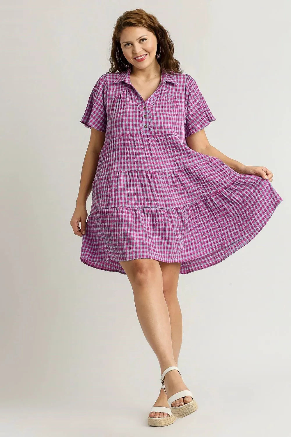 Umgee Full Size Gingham Tiered Button Detail Short Sleeve Dress Plus Size West2East Surf