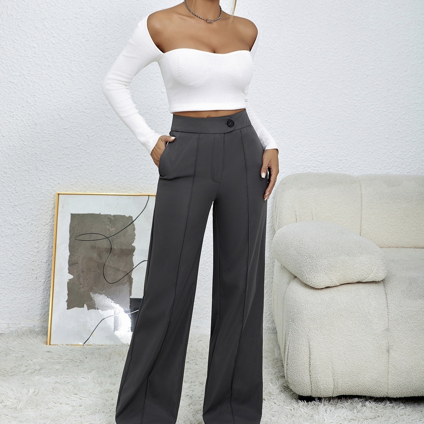 Ladies' Solid Color Loose Wide Leg Straight Leg Pants FitiqueFit