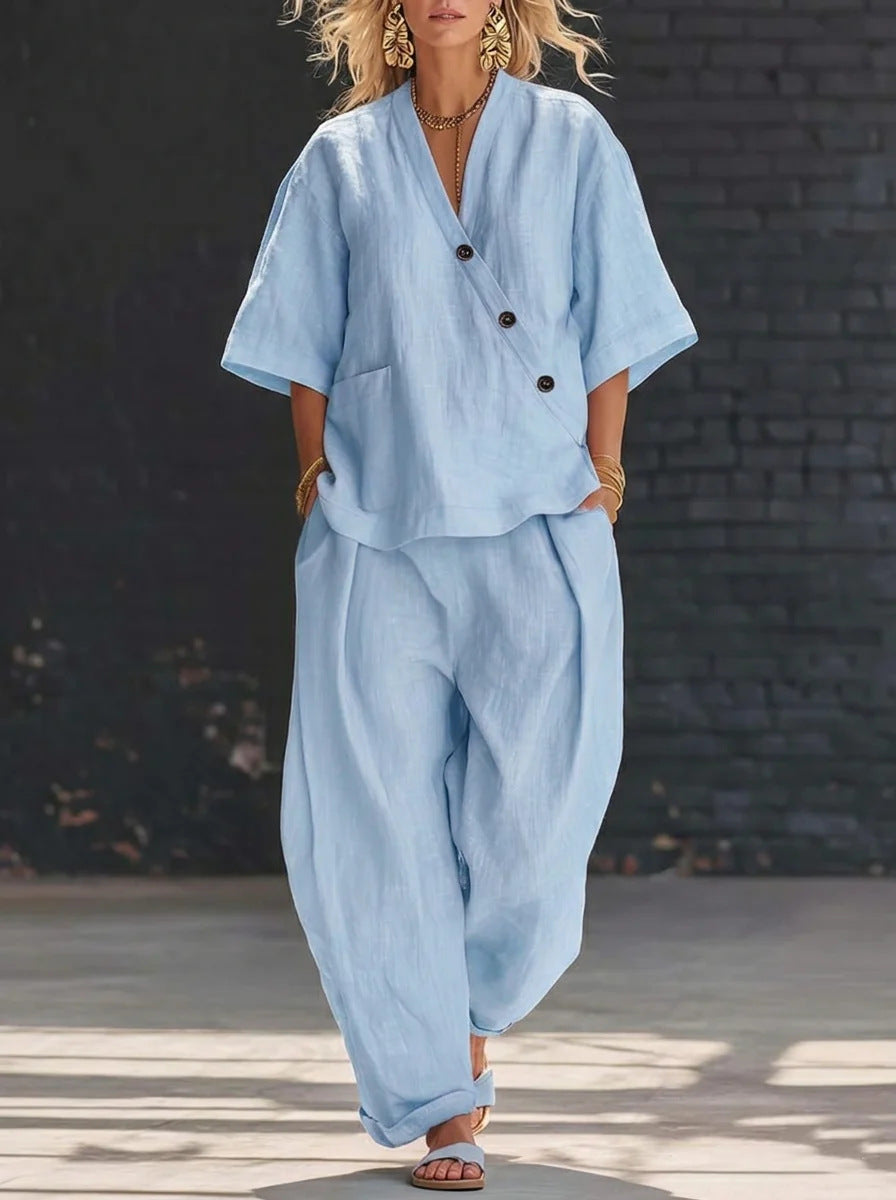 V-Neck Short Sleeve Top & High-Waist Trousers Two-Piece Set FitiqueFit