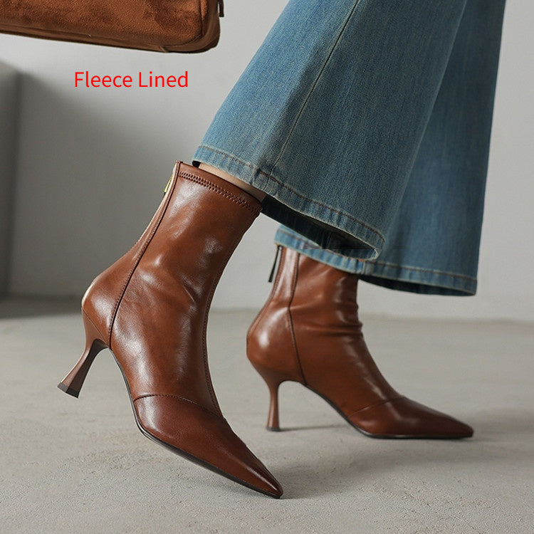 Women’s Cowhide Pointed Toe Stiletto Ankle Boots – Back Zipper High Heel Booties FitiqueFit