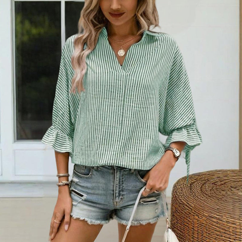 Women’s Striped V‑Neck Blouse with Ruffled Cuffs & Tie‑Back Slit FitiqueFit