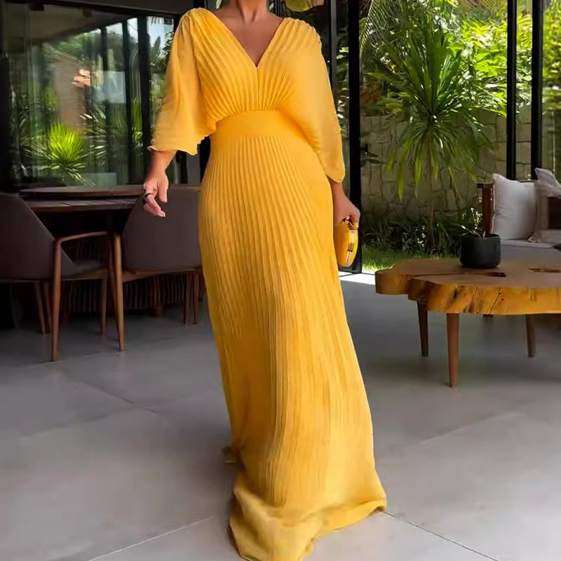 Women's Solid Color And V-neck Bat Sleeve High Waist Dress See size chart under “more details” The Fashion Celestial