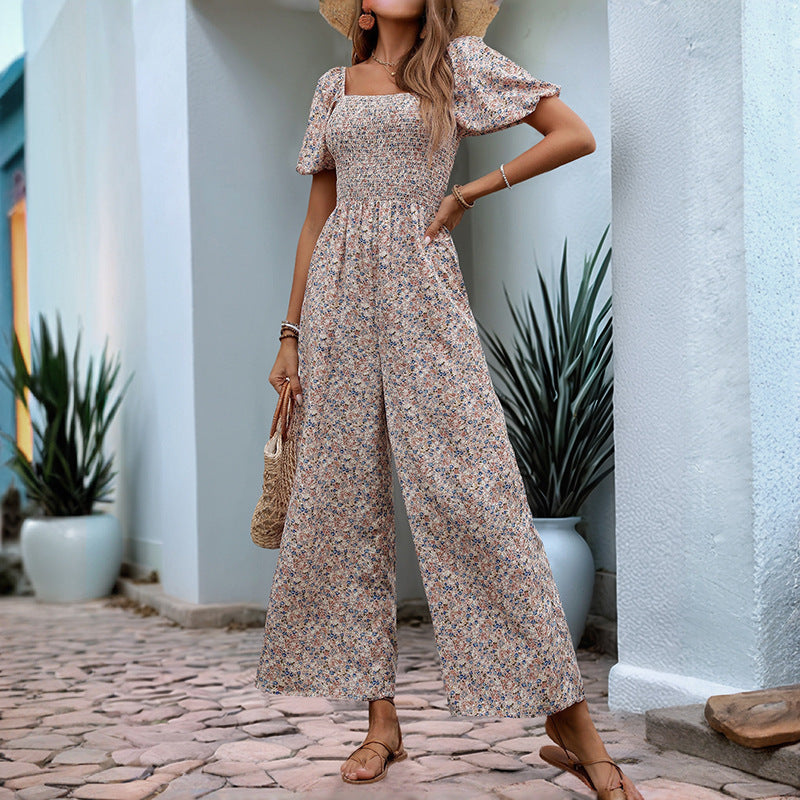 Square Collar Puff Sleeve Vacation Style Floral Jumpsuit Grayceful LLC