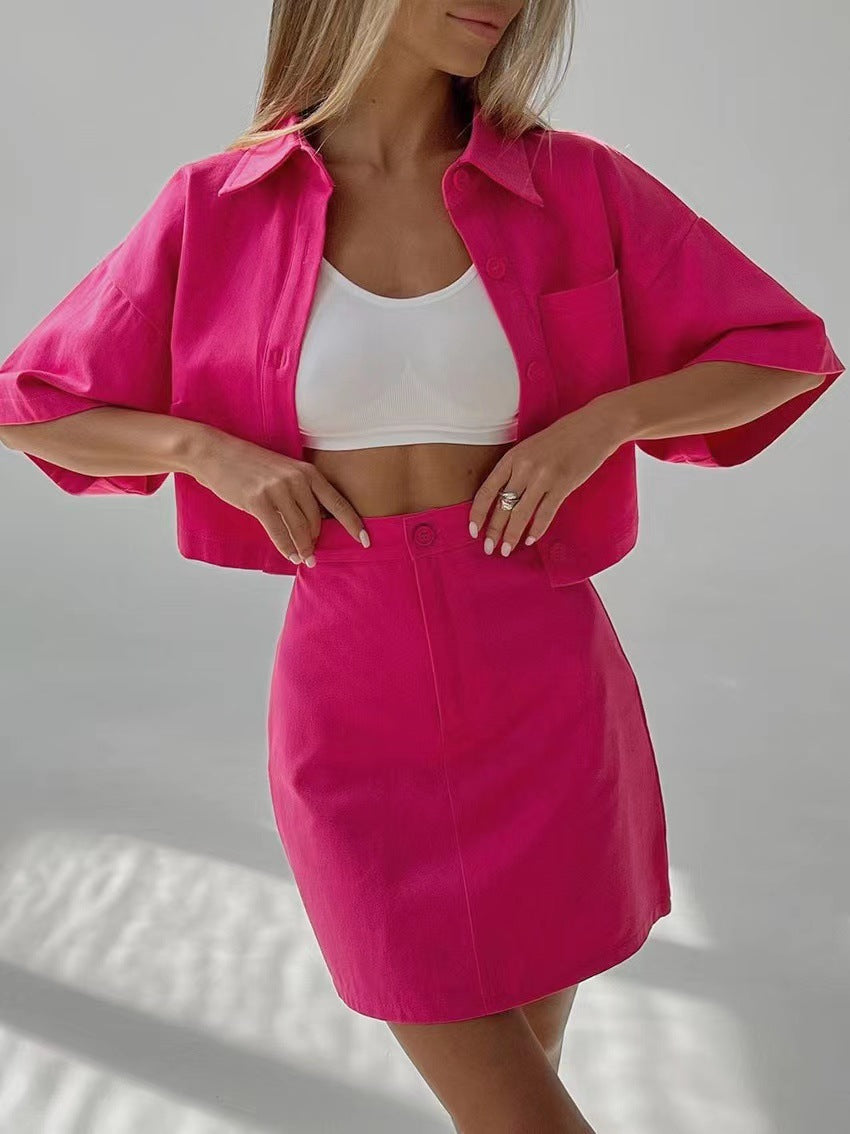 Women's Preppy Three-Quarter Sleeve Button Top & Mini Skirt Set FitiqueFit