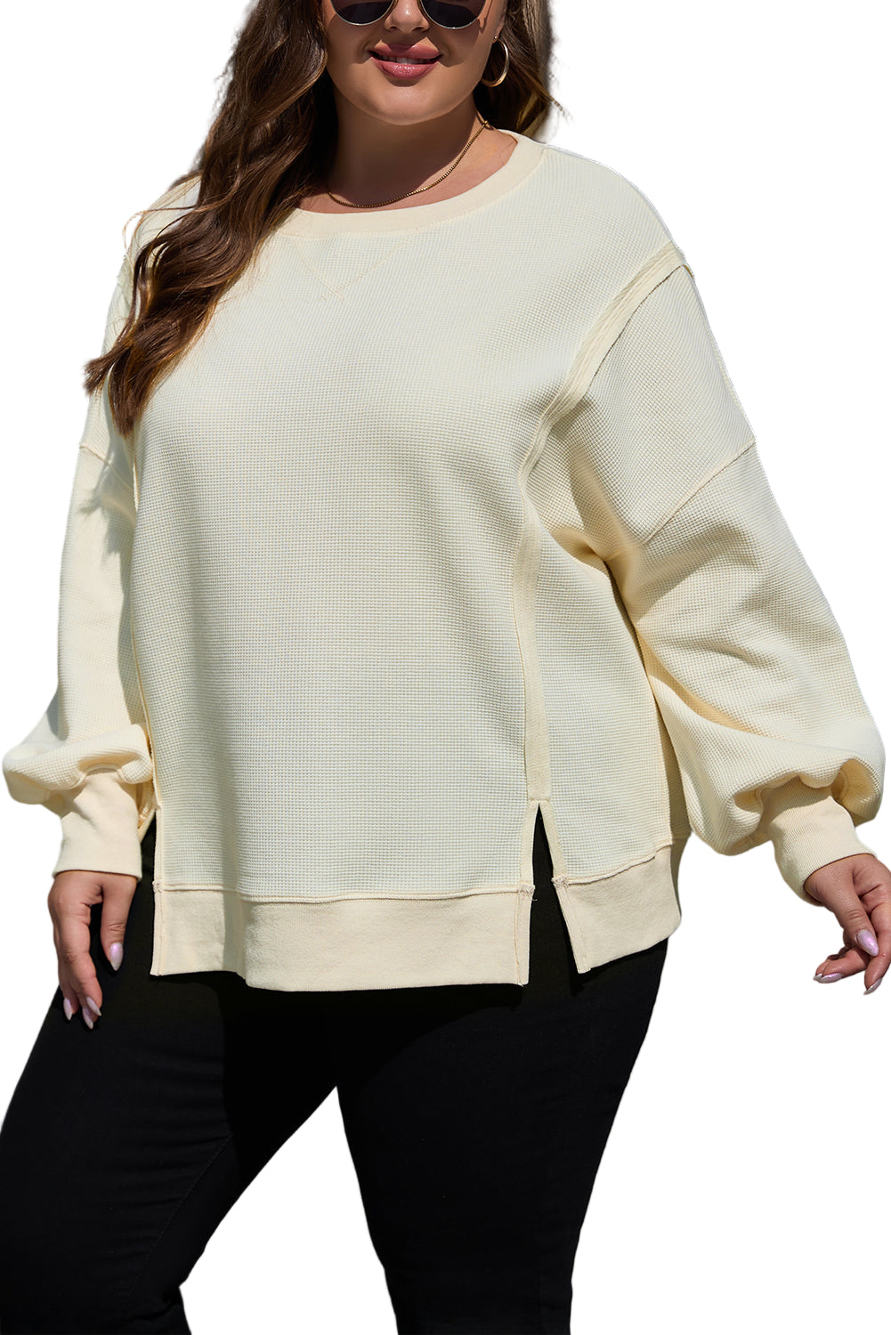 White Solid Color Waffle Knit Drop Shoulder Plus Size Sweatshirt Garden Naked Curves