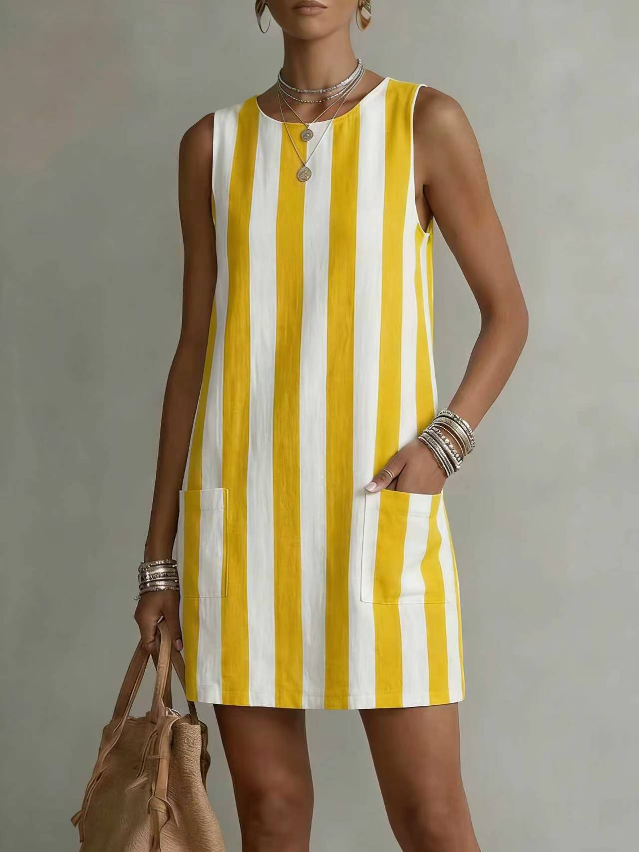 Women's Striped Color-Block Sleeveless Mini Dress – Loose Fit FitiqueFit