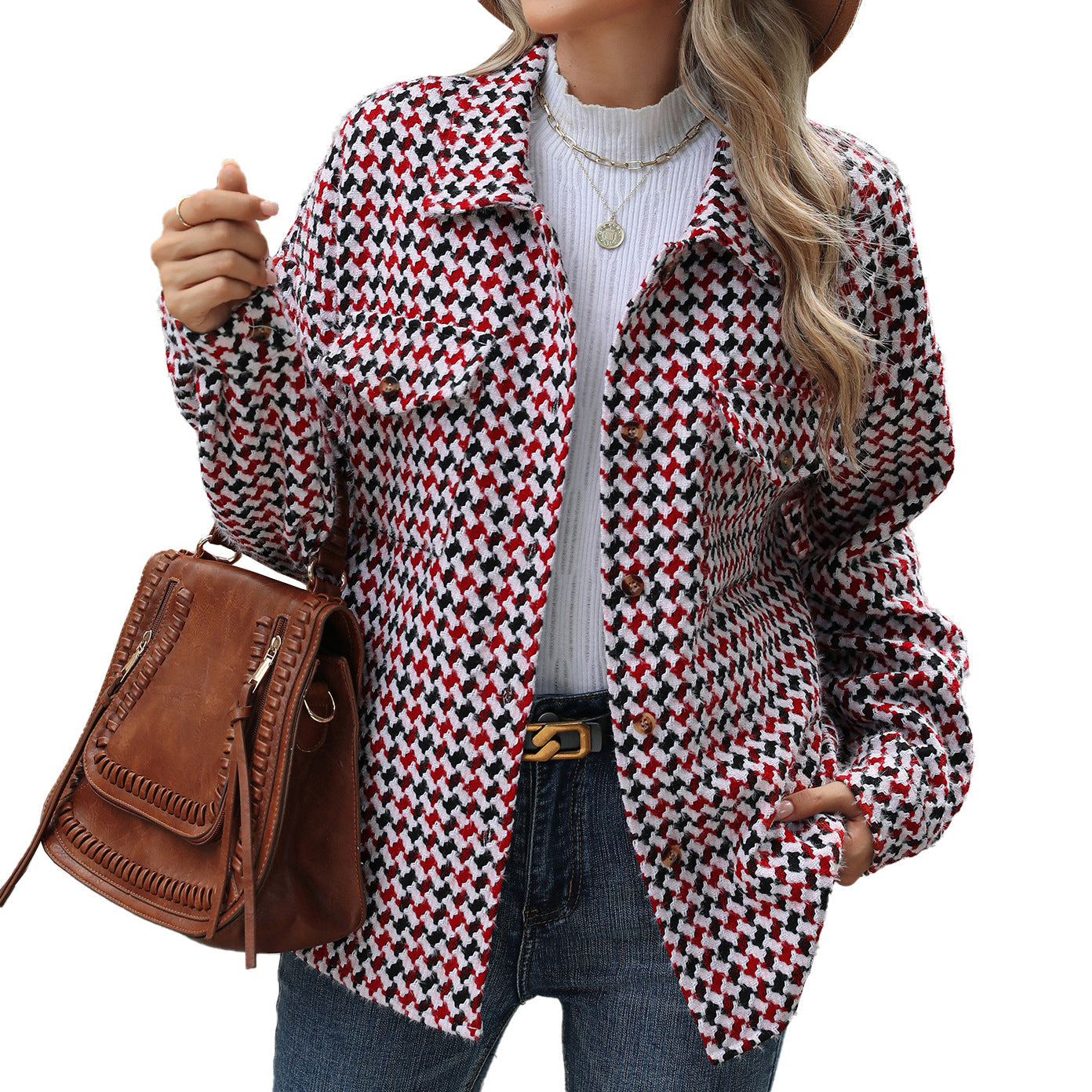 Fashion Houndstooth Lapel Tweed Coat Casual Loose Long Sleeve Jacket With Pocket Outwear Tops For Womens Clothing See size chart under “more details” The Fashion Celestial