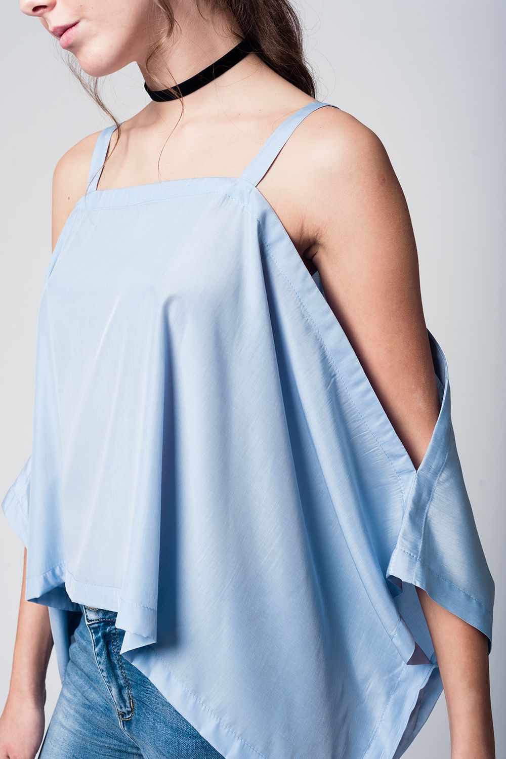 Blue cold shoulders top Q2store