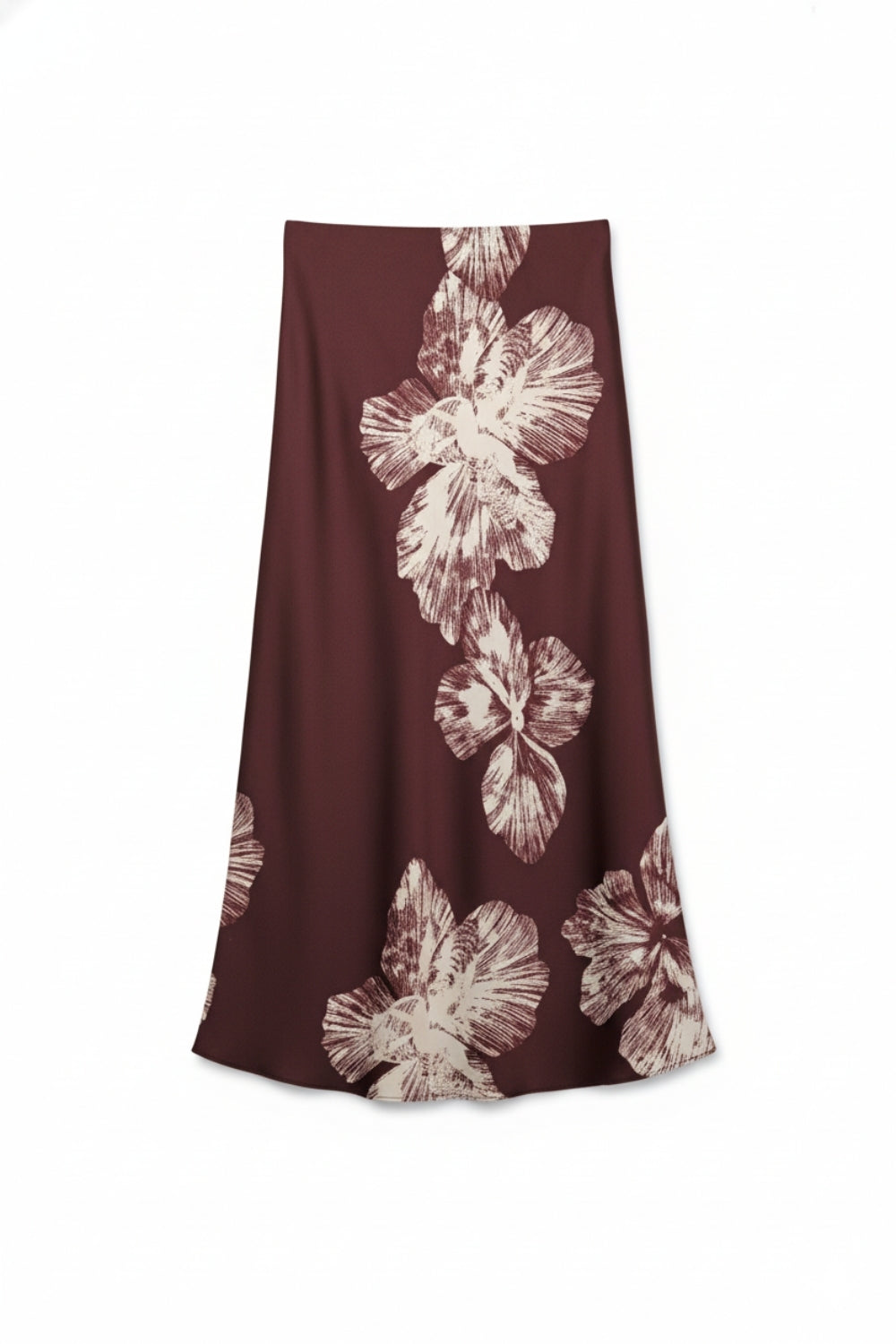 Burgundy Floral Satin Midi Skirt in satin Q2store