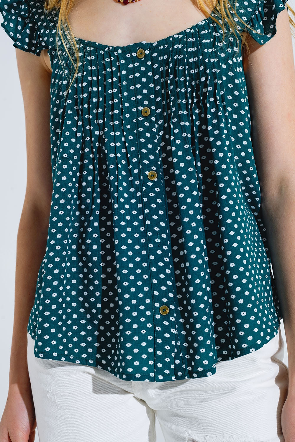 Button Up Blouse With Frilly Short Sleeves and Flower Print in Green Q2store