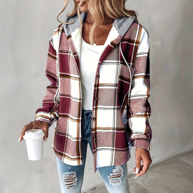 Women's Plaid Hoodie Long Sleeve Jacket With Pocket FitiqueFit