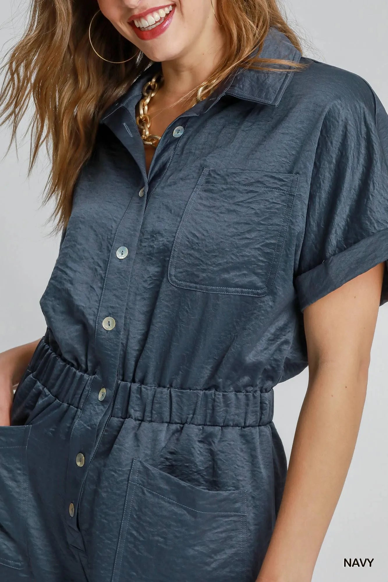 Umgee Button Down Charmeuse Romper West2East Surf