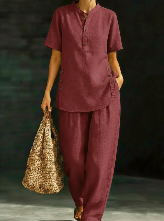 Three-Quarter Sleeve Shirt & Wide-Leg Pants Two-Piece Set – Solid Color Casual FitiqueFit