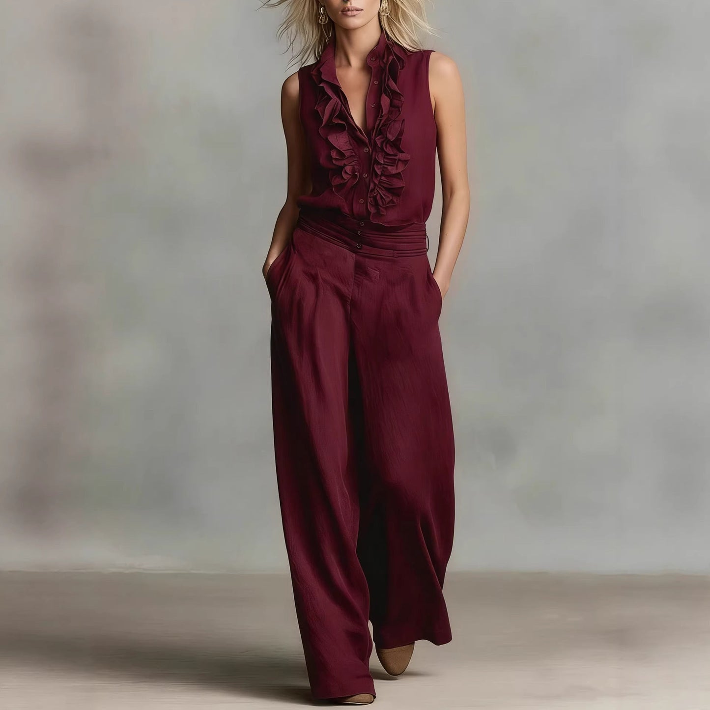Women’s Linen Blend Two-Piece Set – Sleeveless Shirt & Wide-Leg Pants FitiqueFit
