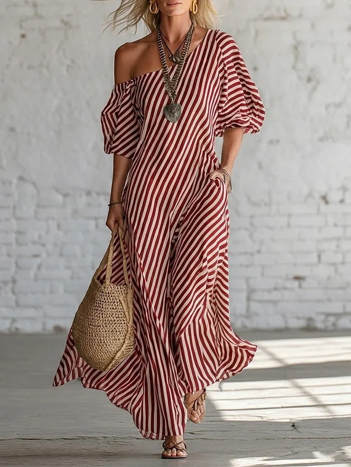 Women's Striped Off-Shoulder Elegant Midi Dress FitiqueFit