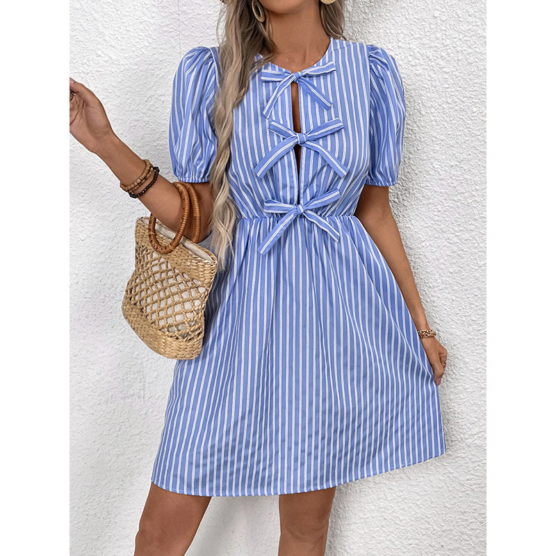 Women’s Striped Tie-Front Puff Sleeve Mini Dress FitiqueFit