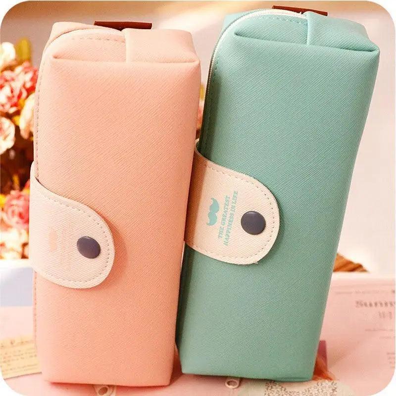 Candy Color Unique Design PU Leather Metal Button Pencil Cases For Girls Cute Stationary Boy Pencil Pouch For Students Stevvex