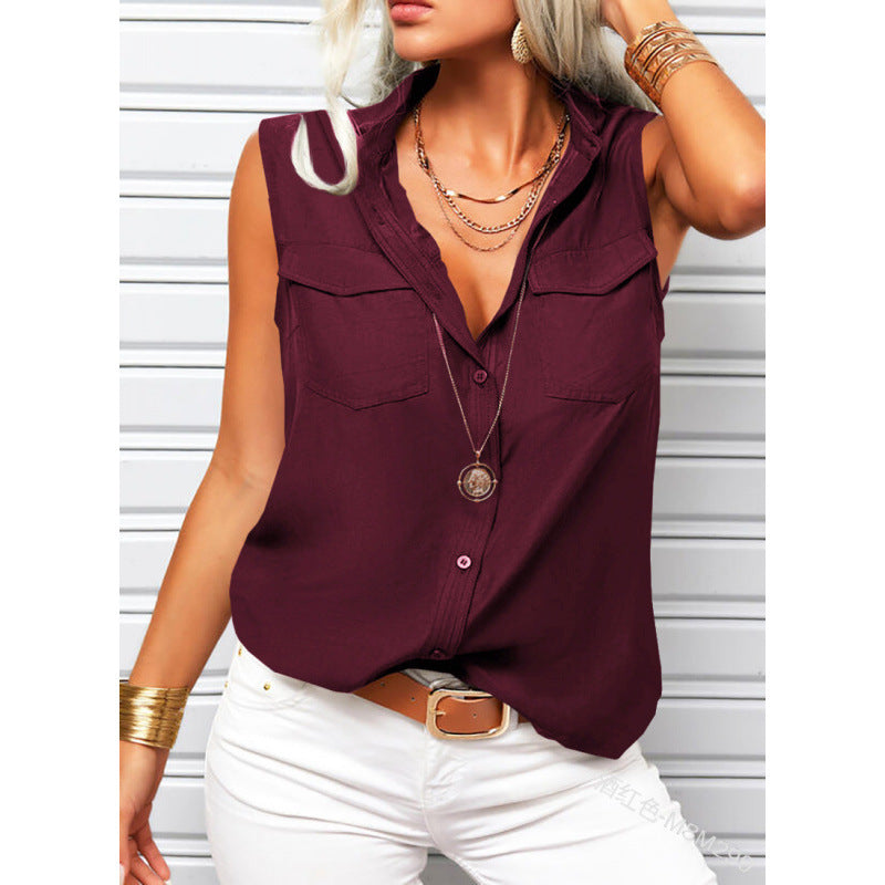 Women's Lapel Collar Sleeveless Top – Loose Fit, Pockets, Solid Color FitiqueFit
