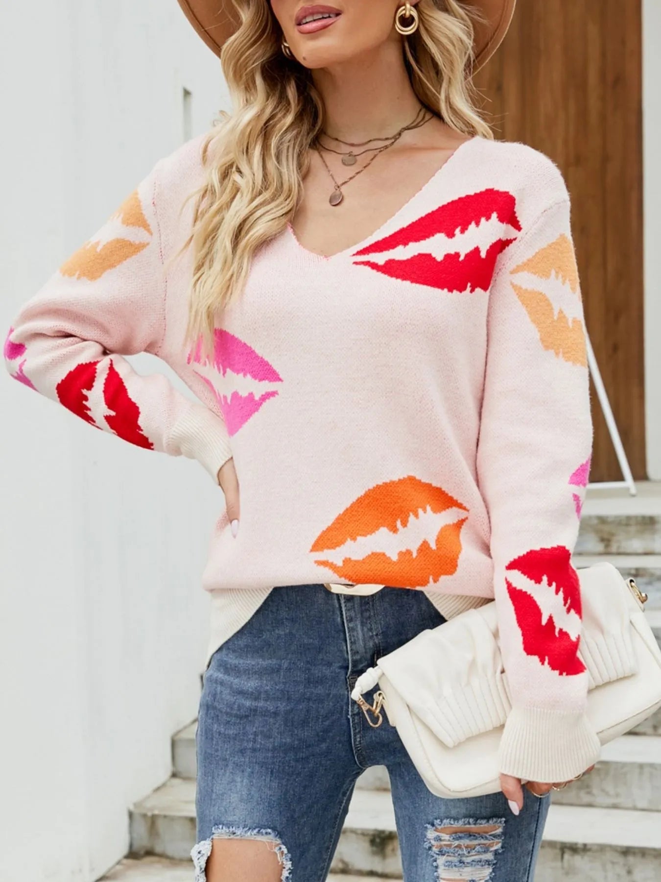 Colorful Lips V-Neck Sweater New Era Fashion LLc