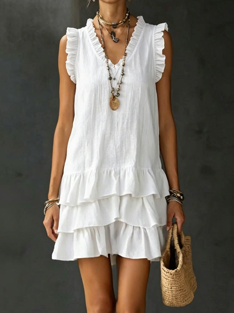 V-Neck Ruffle-Trim Tiered Sleeveless Midi Dress – 4 Colors, S–XXL FitiqueFit