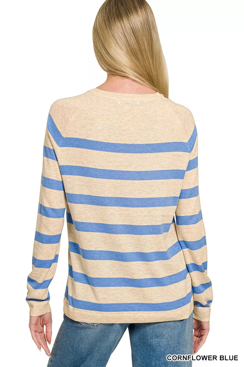 Zenana Lightweight Wool Blend Striped Round Neck Sweater New Era Fashion LLc