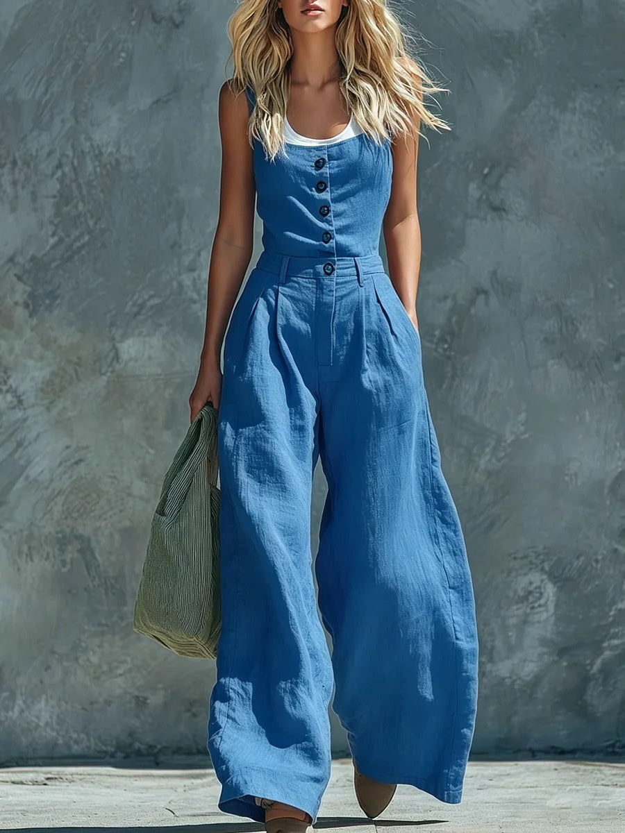 Women's Retro Button-Front High-Waist Wide-Leg Jumpsuit FitiqueFit
