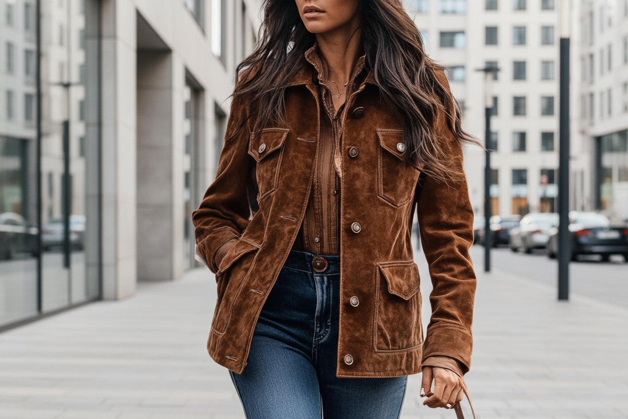Women’s Retro Suede Multi-Pocket Short Jacket FitiqueFit