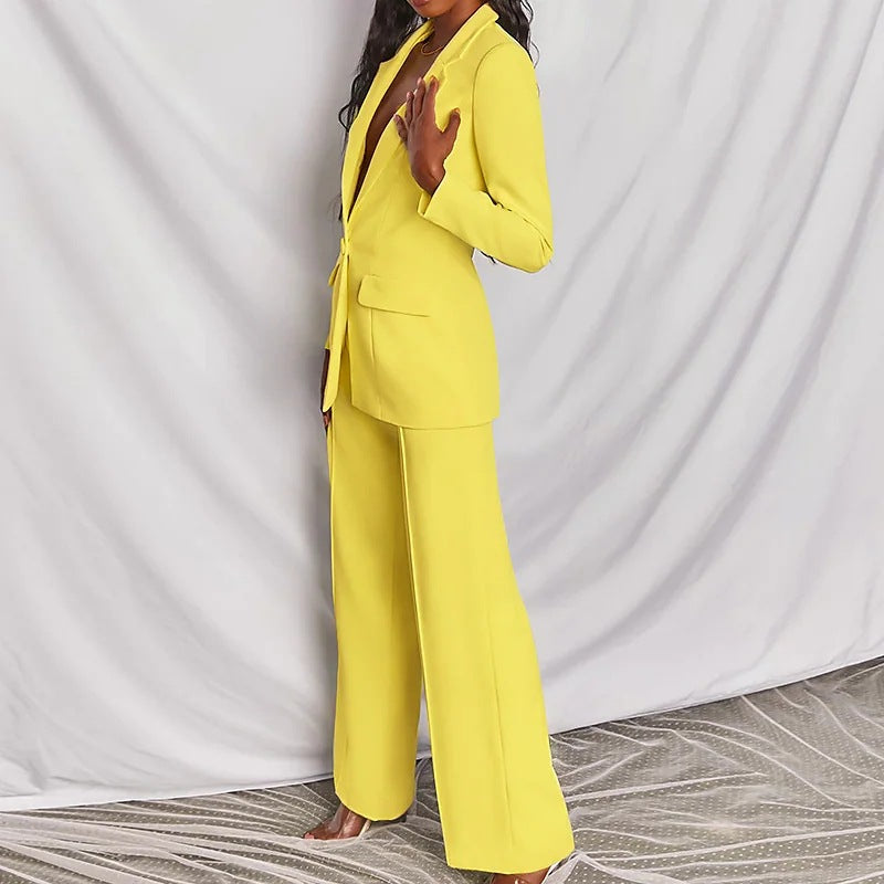 Lapel Button-Down Blazer & Straight-Leg Trousers Suit FitiqueFit