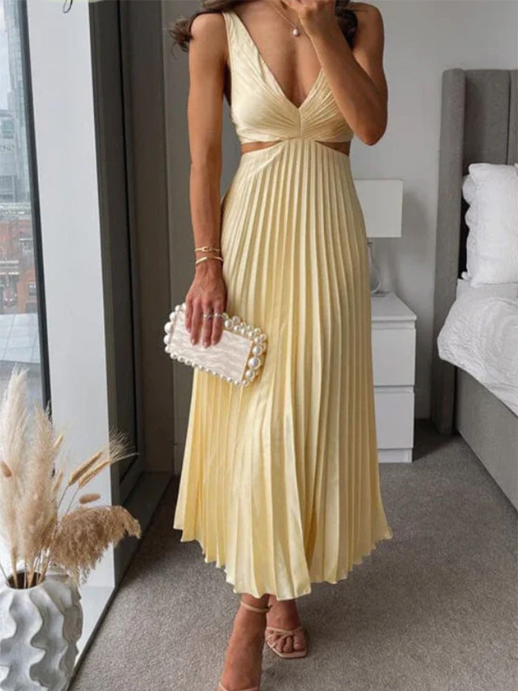 Ins Suspender Pleated Long Dress With Hollow-waisted Design Fashion V-neck Backless Dresses Summer Women's Clothing Grayceful LLC