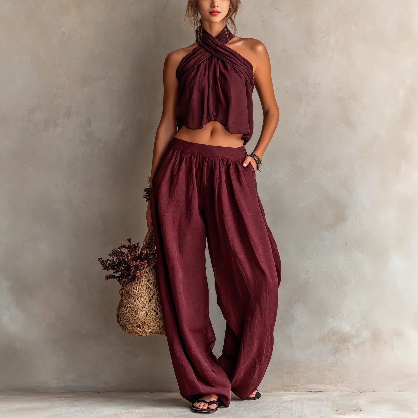 Women's Loose Sleeveless Top & Wide-Leg Pants Set – Linen Blend FitiqueFit