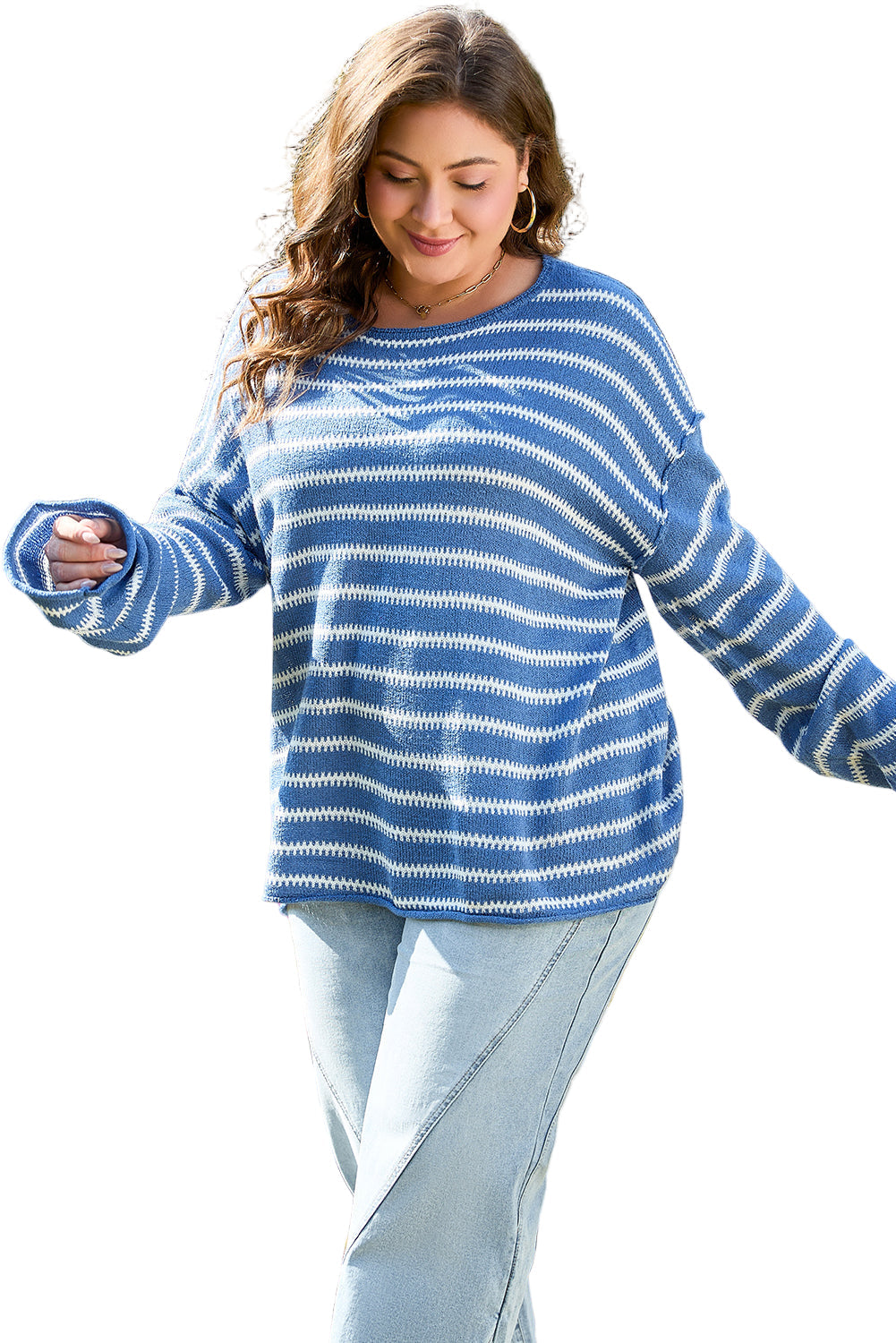 Sky Blue Stripe Drop Shoulder O Neck Plus Size Sweater Garden Naked Curves