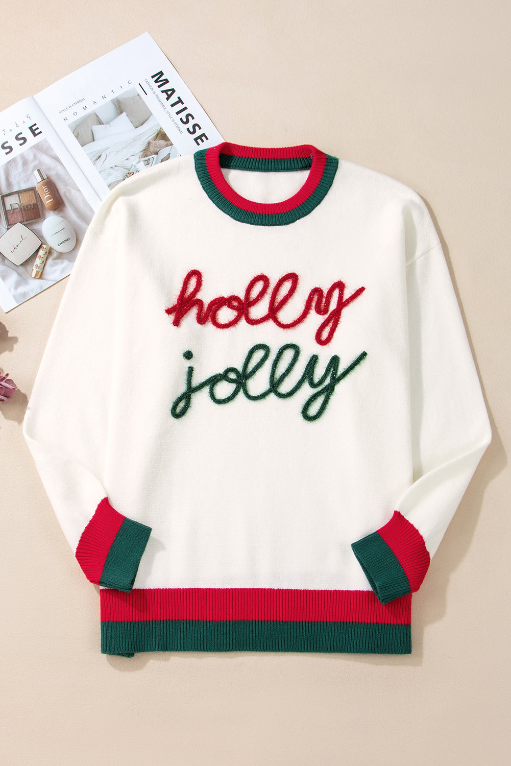 White Tinsel holly jolly Pattern Colorblock Edge Drop Shoulder Plus Size Sweater Garden Naked Curves